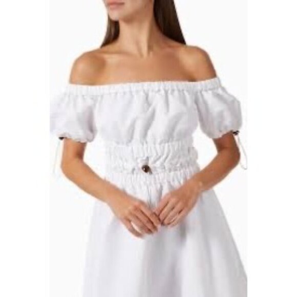 New Staud Vine Off-Shoulder White Maxi Dress With Puff Sleeves & Tortoise Shell - Picture 4 of 8